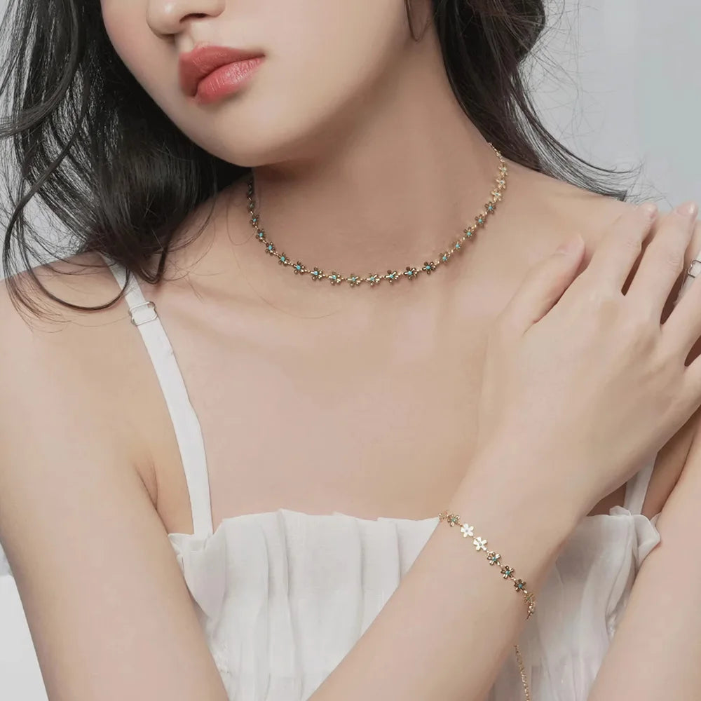 Gold Plated/ Stainless Steel Waterproof Flower Chain Jewelry Set