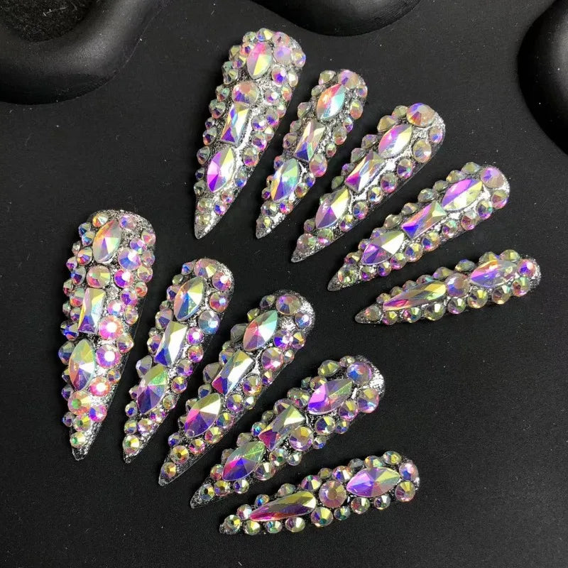 10Pc Press on Nails European and American ultra-long pure hand-wearing armor flash full diamond light luxury nail fake nail patc