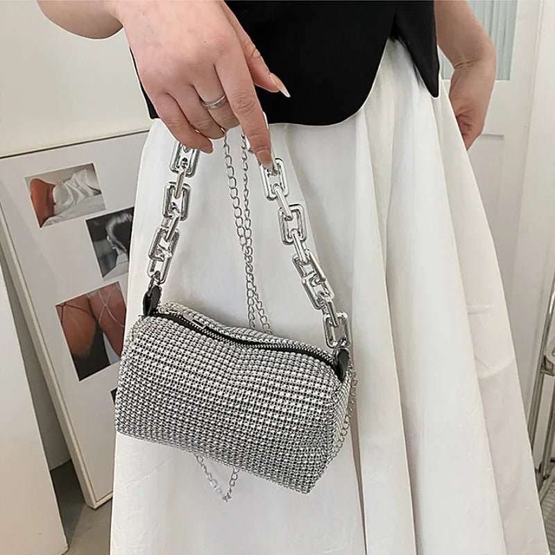Small Allover Rhinestone Bucket Bag, Glitter Chain  Purse