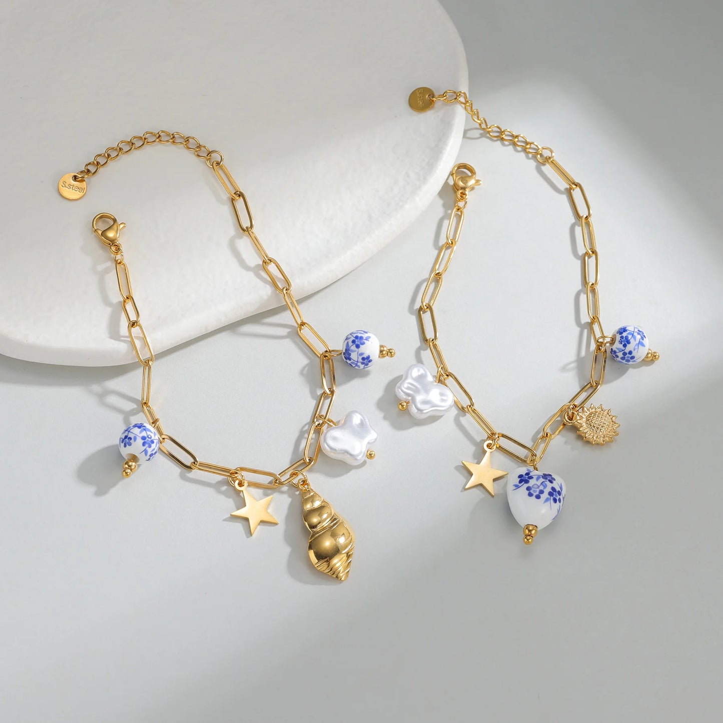 Stainless Steel Bracelet Ceramic Pendant Ocean Style EJ