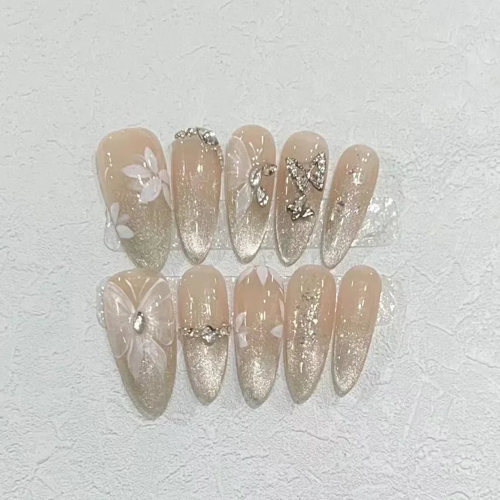 10Pcs Long Almond Handmade Press on Nails Fake Nails with Rhinestone Wearable Stick-on Nails False Nail Накладные Ногти Uñas