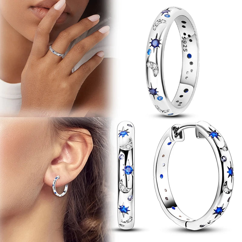 EJ 925 Sterling Silver Earrings Ring Set Sparkling Star Hoops Earrings