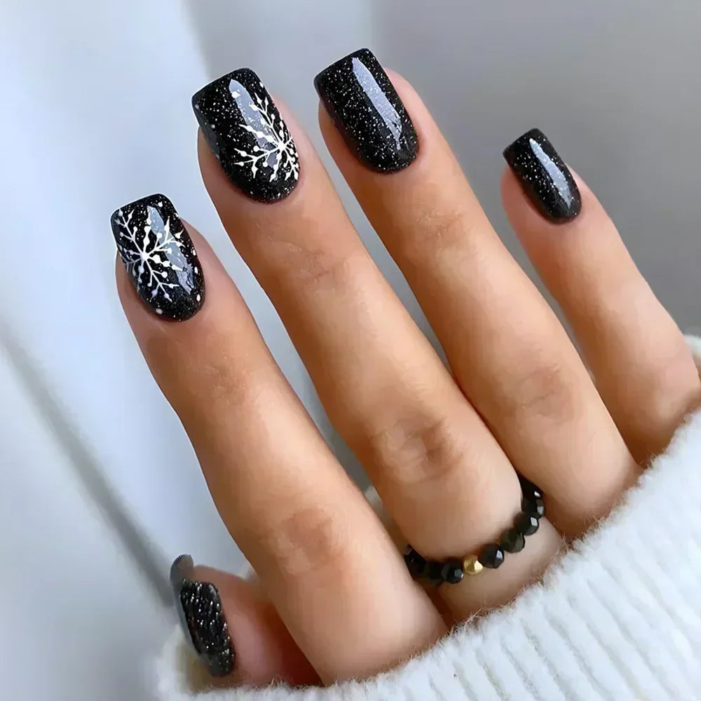 Solid Black Short False Nails with Rose Pattern Design Ballerina Square Artificial Full Cover Press on Nail Tips for Girls