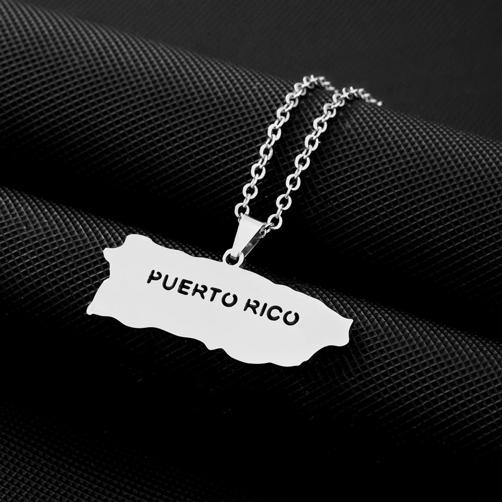 America Puerto Rico Map Pendant Necklace Stainless Steel