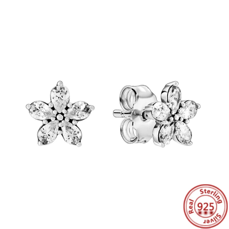 925 Sterling Silver Flowers Snowflakes Pavé Sparkling Charm Earrings