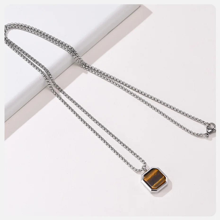 EJ  Natural Stone Necklace, Solid Stainless Steel Geometric Polygon Pendant