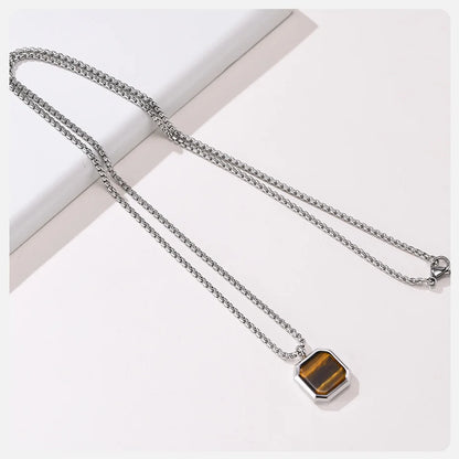 EJ  Natural Stone Necklace, Solid Stainless Steel Geometric Polygon Pendant