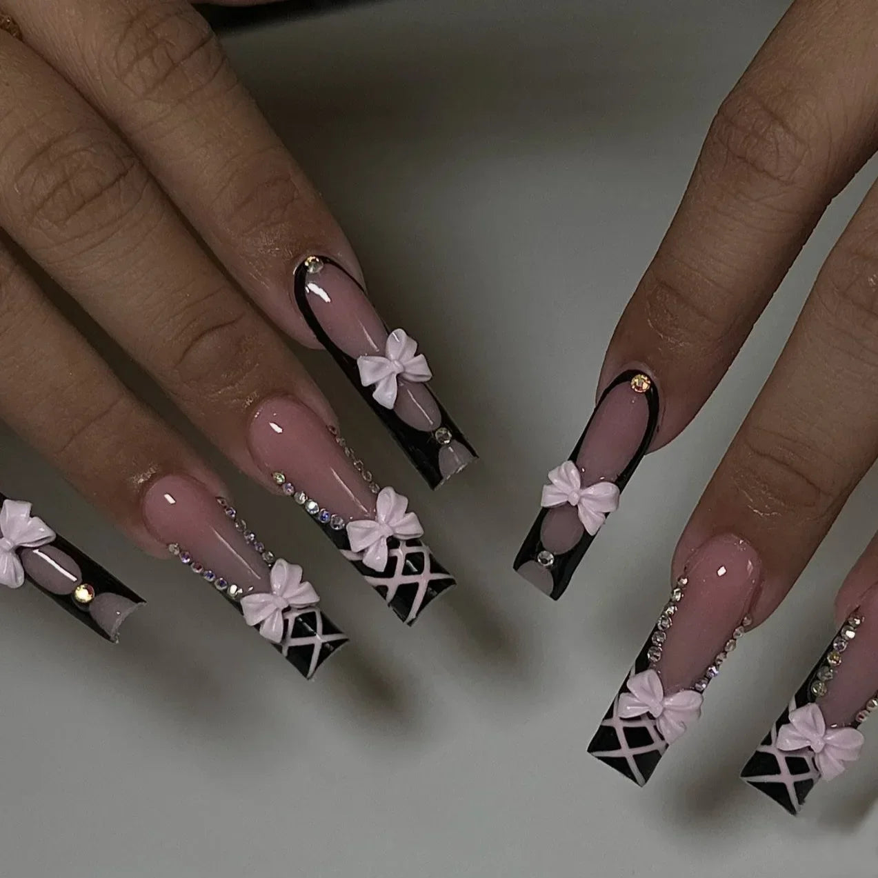 Long Square Press on Nails Love Pattern Design Artifical Coffin False Nail Brown French Wearable Full Cover Fake Nail Tips