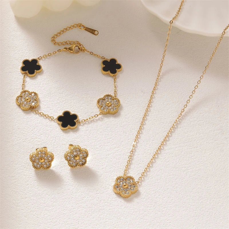316L Stainless Steel Jewelry Set Zircon 5-Leaf Flowers