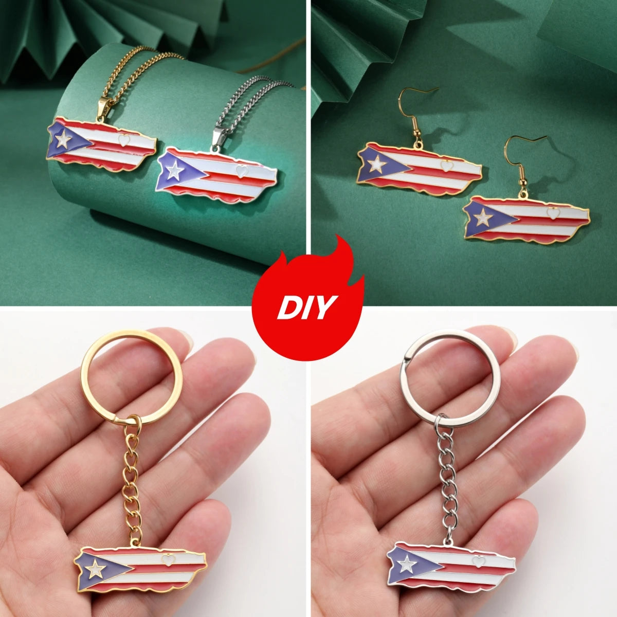 Puerto Rico Map Flag Pendant