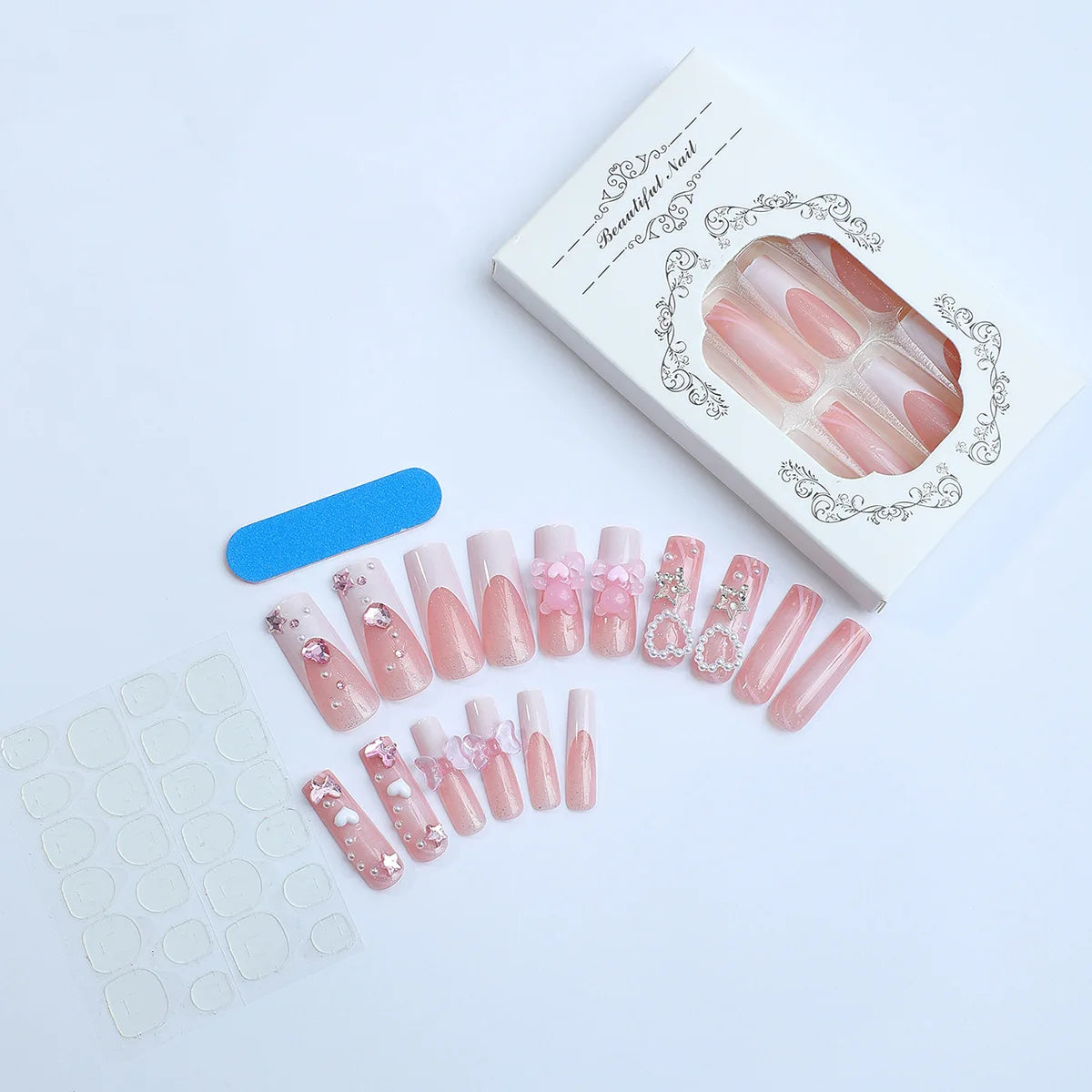 Square Head Ballerina French Pink False Nails With Glue Full Cover Fake Nails Press On Nail Long Acrylic Manicure