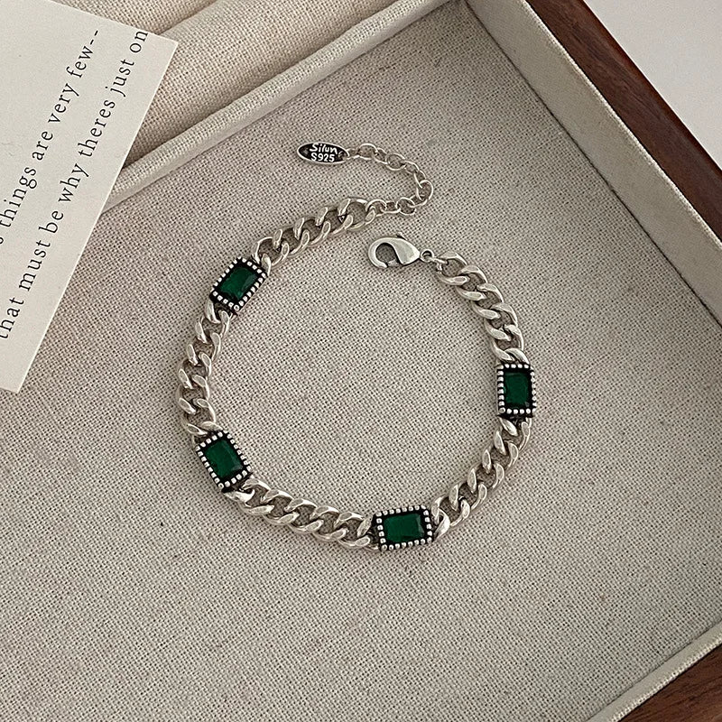 925 Sterling Silver Green Stone Retro Chain Bracelet
