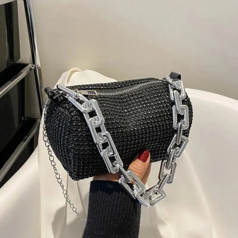 Small Allover Rhinestone Bucket Bag, Glitter Chain  Purse