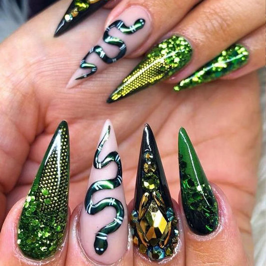 Press on Nails Long Stiletto False Nails Green Fake Nails Glitter Glue on Nails