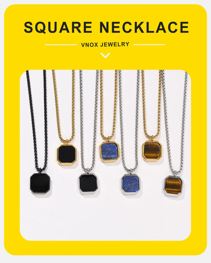 EJ  Natural Stone Necklace, Solid Stainless Steel Geometric Polygon Pendant