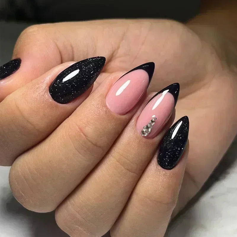 Long Stiletto Press on Nails Box Acrylic False Nails with Almond Designs Black Gold Foil French Full Cover Fake Nail Tips