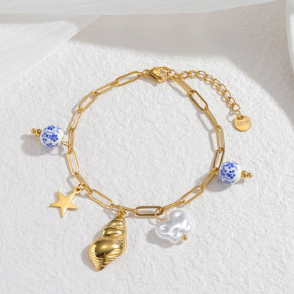 Stainless Steel Bracelet Ceramic Pendant Ocean Style EJ
