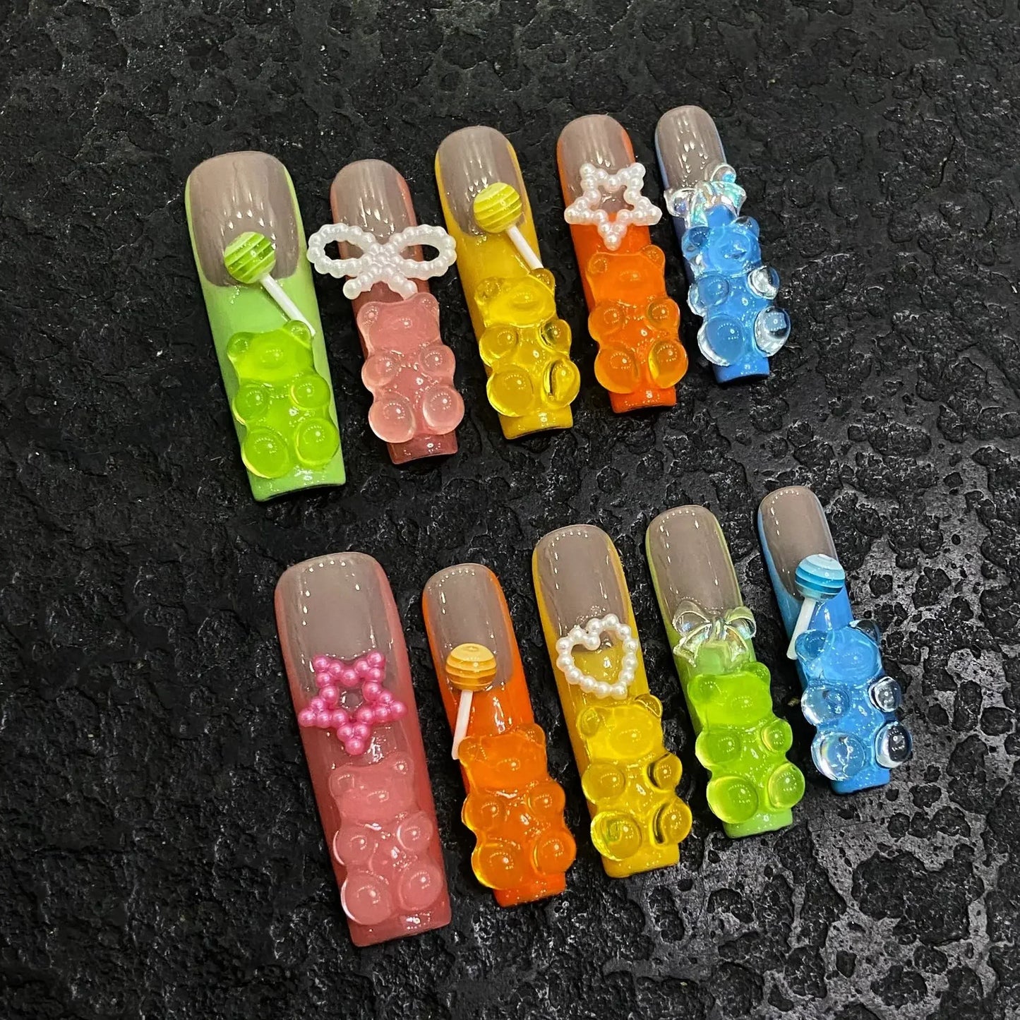 10pc Long Water Pipe Handmade Press on Nails Fashion Blue Snake Skin False Nail with Diamond Flower Coffin French Tips Fake Nail