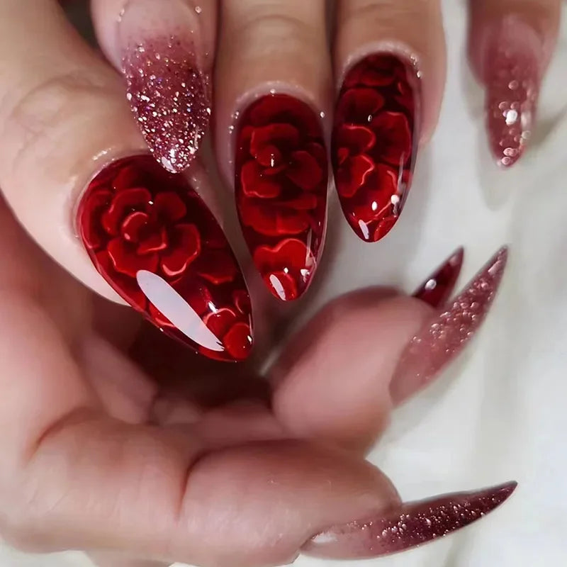 Red Flowers Design Fake Nail with Almond Head Mid-length French Press on False Nails Glitter Wearable Full Cover Nail Tips