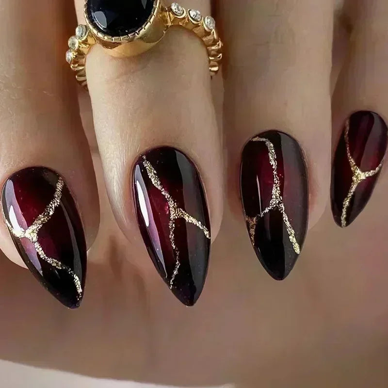 Long Stiletto Press on Nails Box Acrylic False Nails with Almond Designs Black Gold Foil French Full Cover Fake Nail Tips