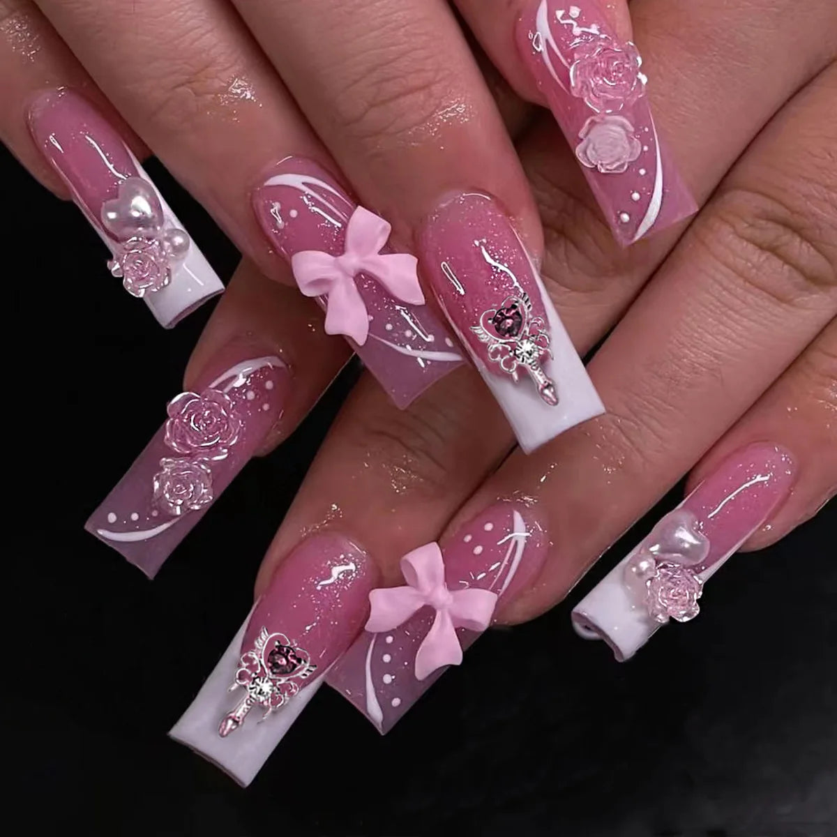 Square Head Ballerina French Pink False Nails With Glue Full Cover Fake Nails Press On Nail Long Acrylic Manicure