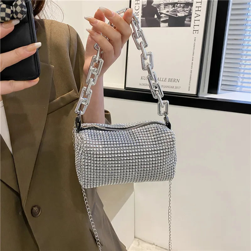 Small Allover Rhinestone Bucket Bag, Glitter Chain  Purse