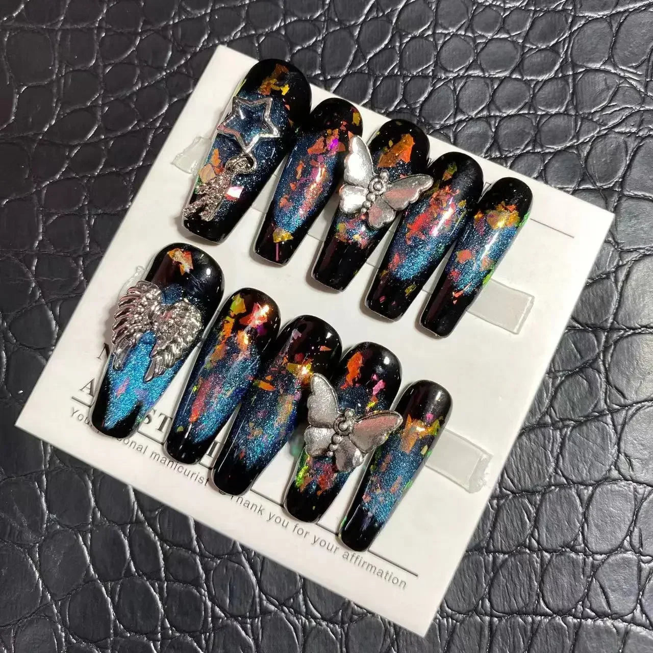 10pc Long Water Pipe Handmade Press on Nails Fashion Blue Snake Skin False Nail with Diamond Flower Coffin French Tips Fake Nail