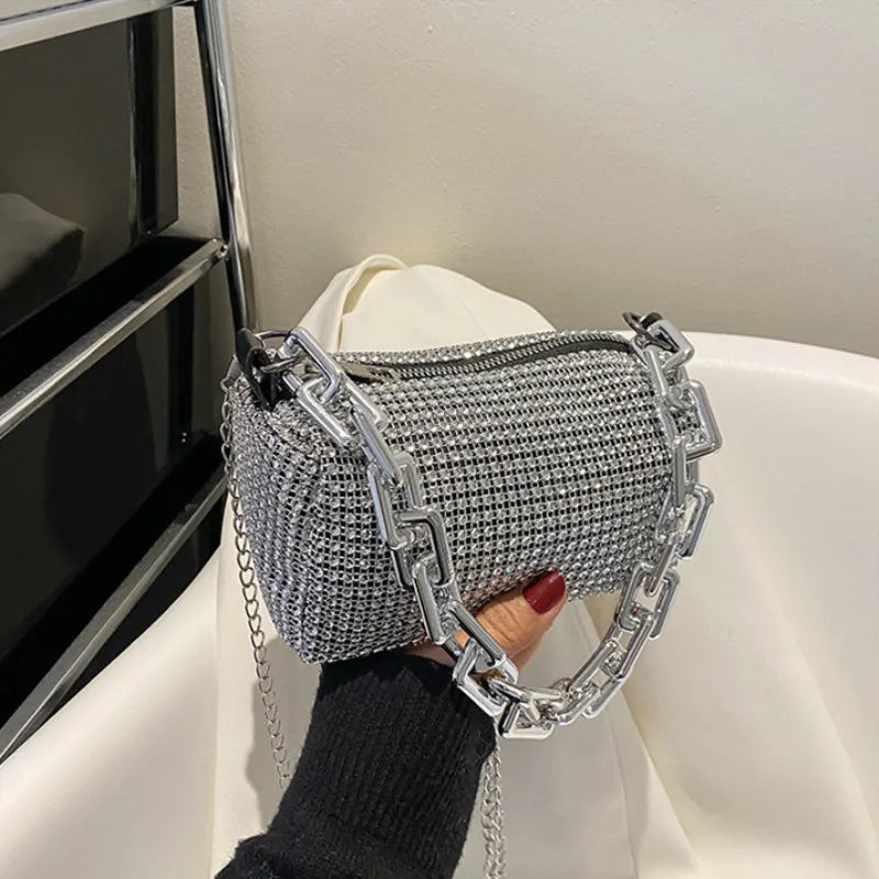 Small Allover Rhinestone Bucket Bag, Glitter Chain  Purse