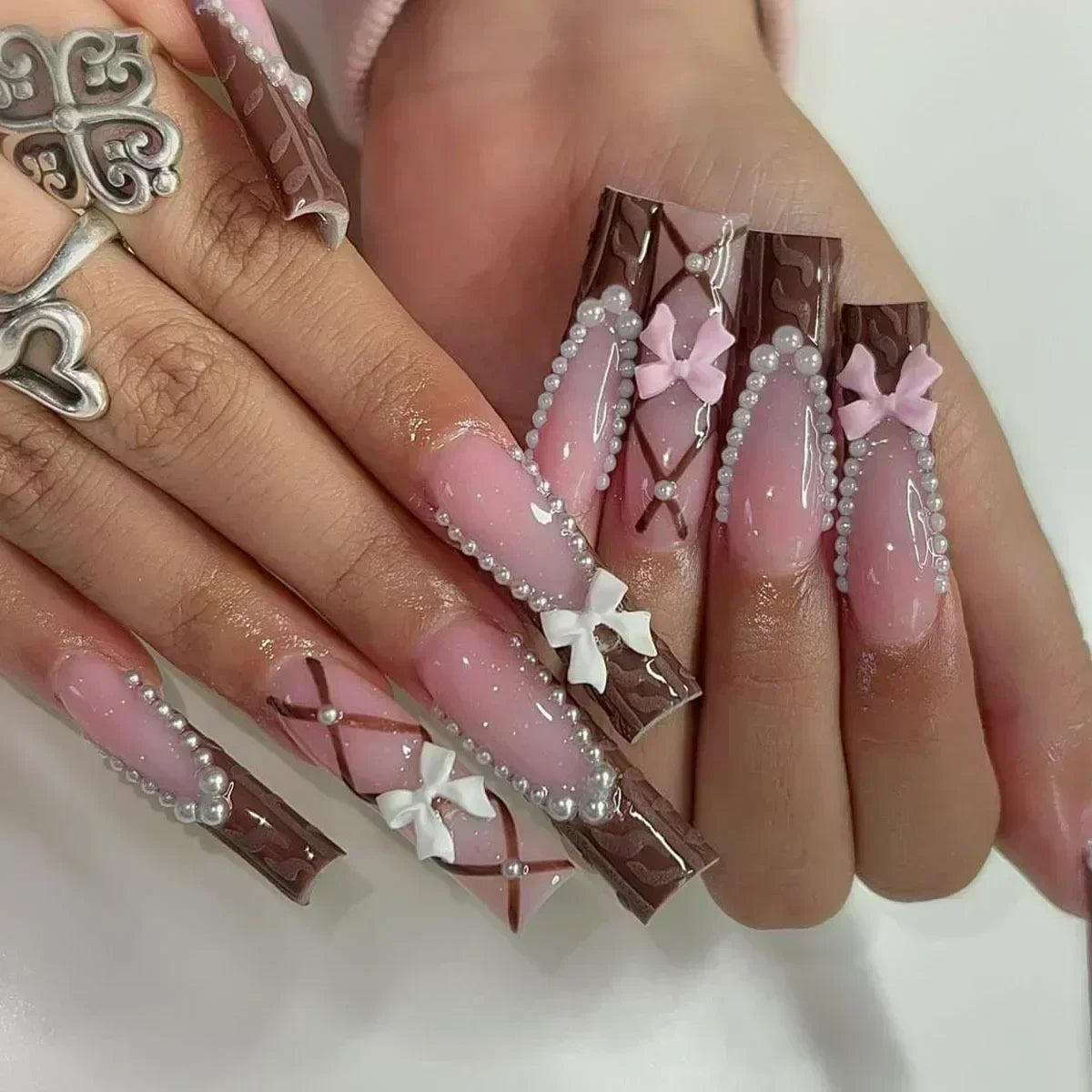 Long Square Press on Nails Love Pattern Design Artifical Coffin False Nail Brown French Wearable Full Cover Fake Nail Tips