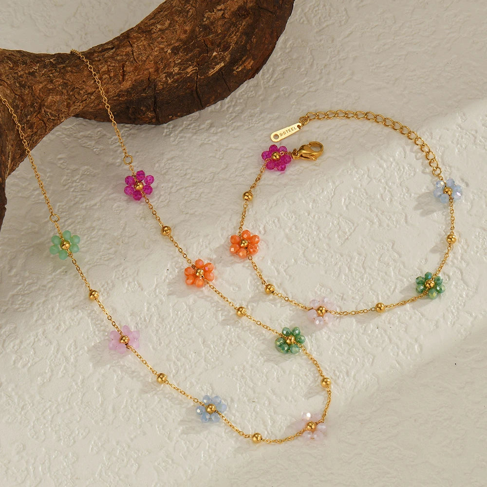 Gold Plated/ Stainless Steel Waterproof Flower Chain Jewelry Set