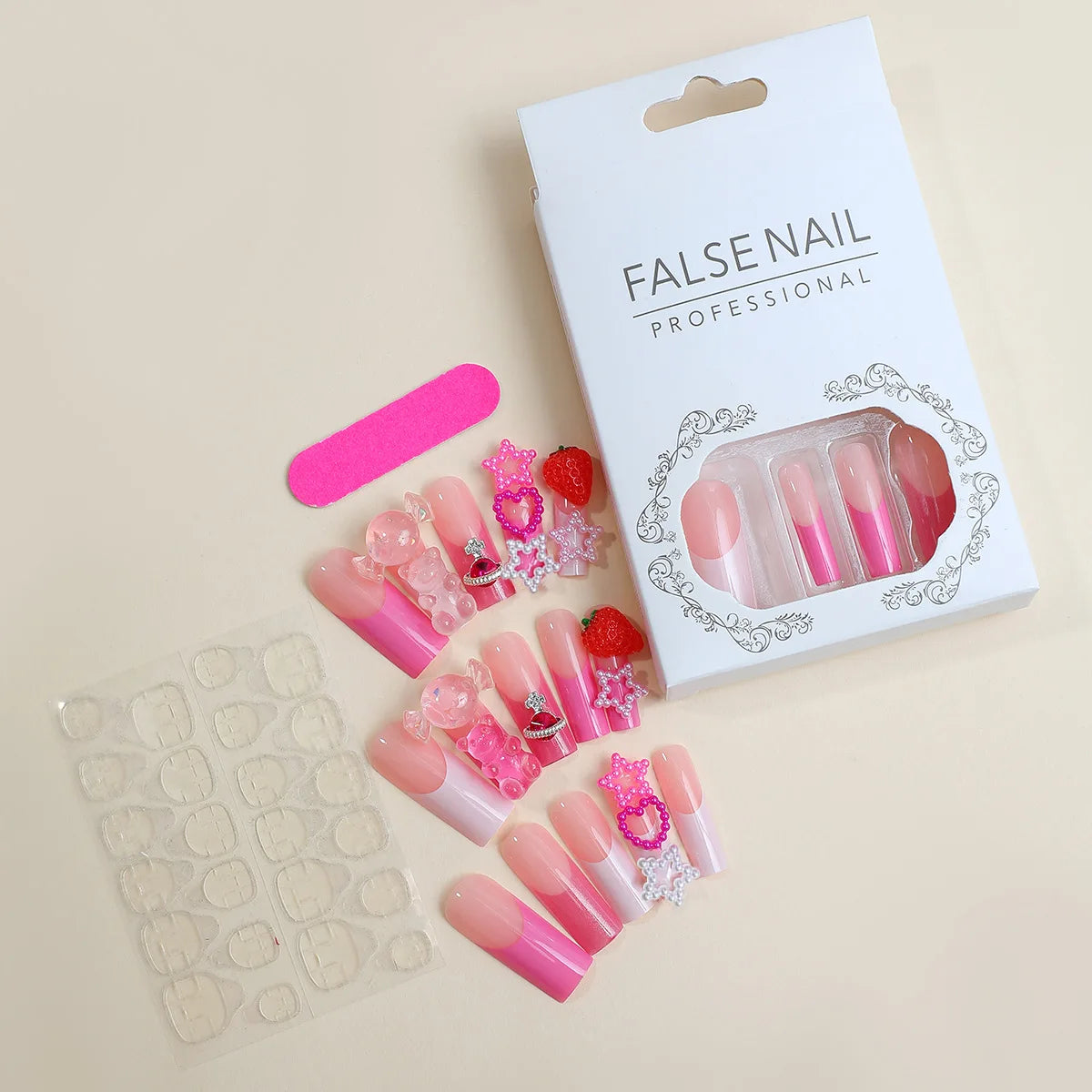 Square Head Ballerina French Pink False Nails With Glue Full Cover Fake Nails Press On Nail Long Acrylic Manicure