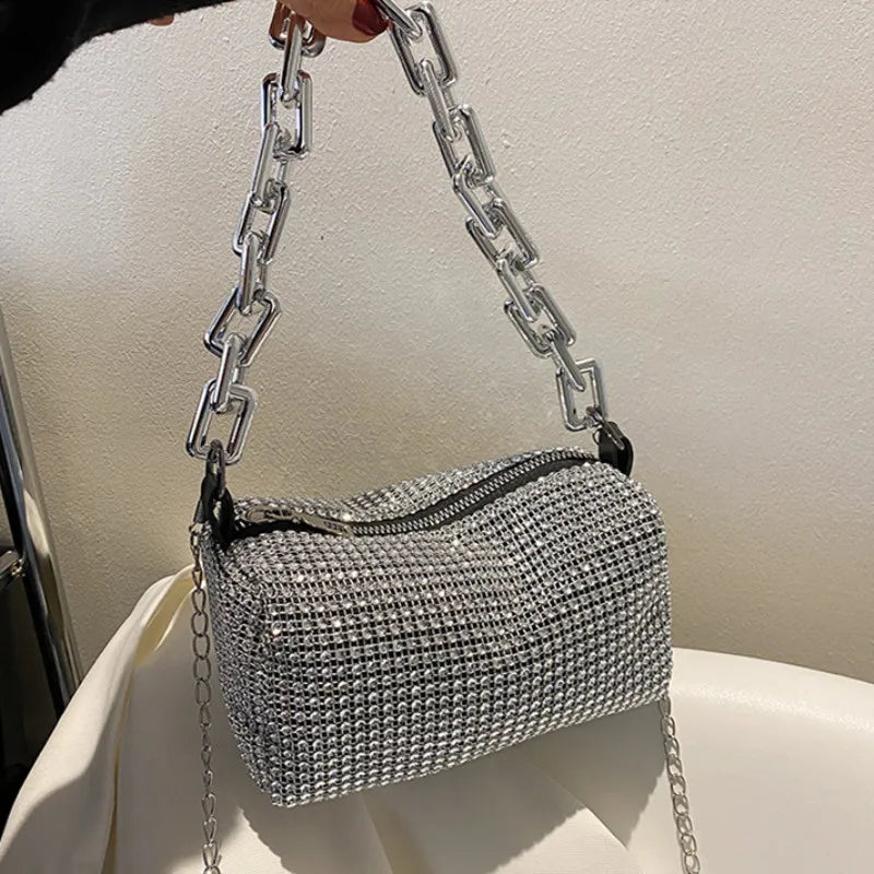 Small Allover Rhinestone Bucket Bag, Glitter Chain  Purse
