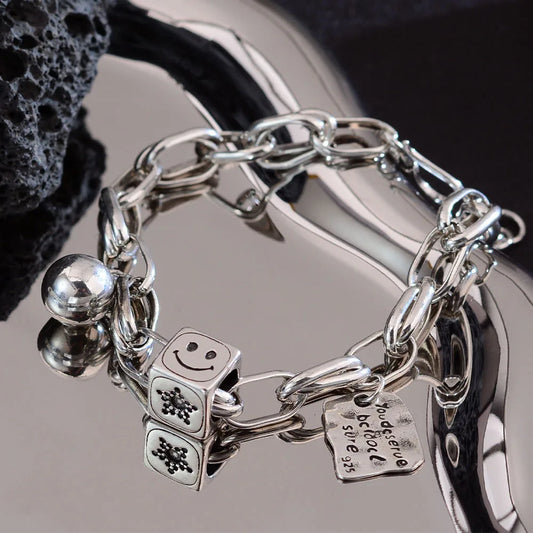 New Arrival Personality Smile Face Letter Tag 925 Sterling Silver Ladies Charm Bracelet Jewelry