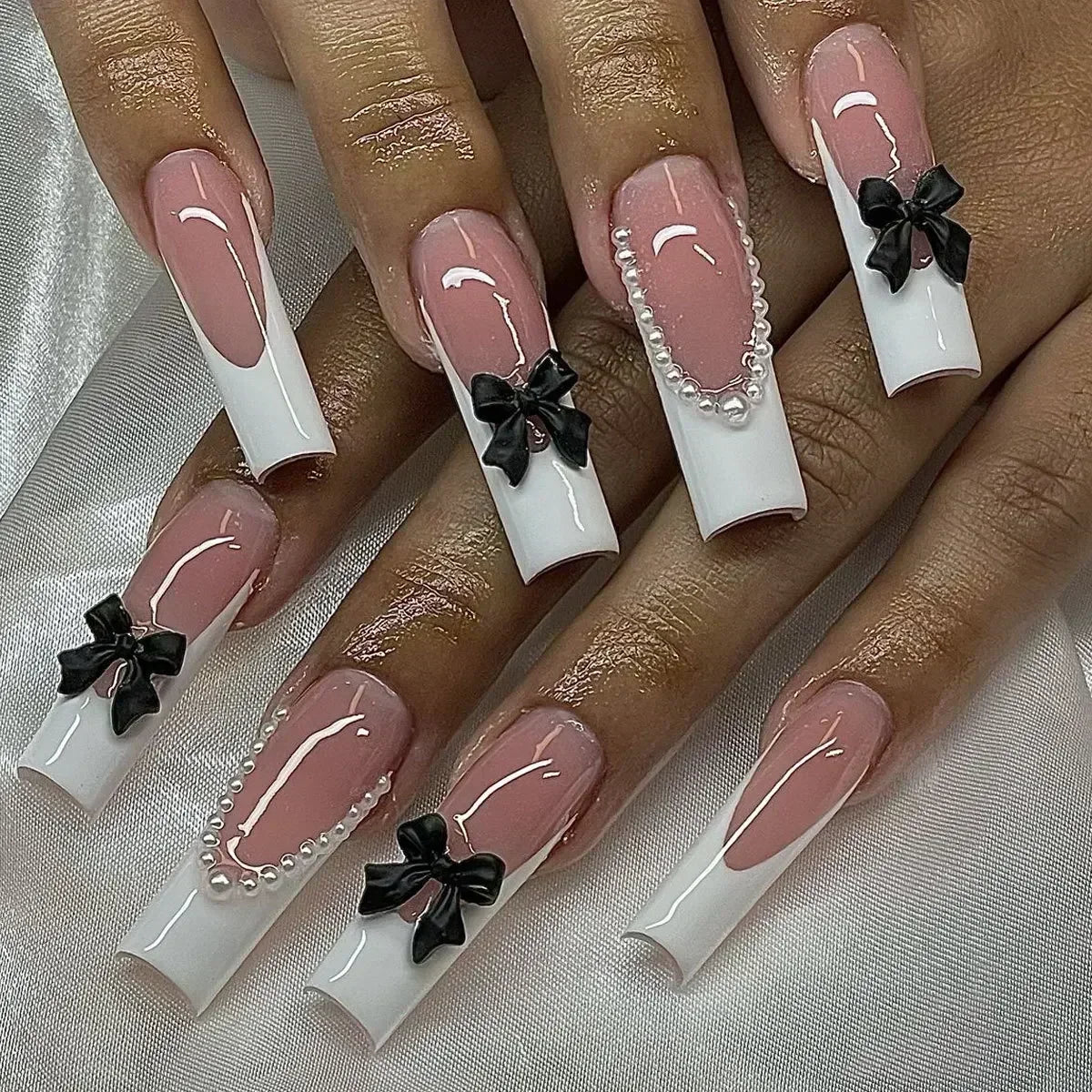 Long Square Press on Nails Love Pattern Design Artifical Coffin False Nail Brown French Wearable Full Cover Fake Nail Tips