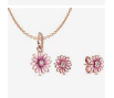 Pink flower necklace and earrings set in rose gold plated and 925 silver base