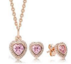 Pink heart necklace and earrings set in silver and rose gold plated