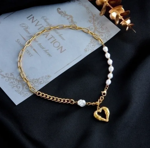 EJ Fashion Simple Hollow Heart-shaped Pearl Gold Necklace