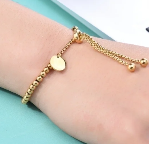 EJ 18k Gold Plated Beaded Titanium Steel Adjustable Bracelet