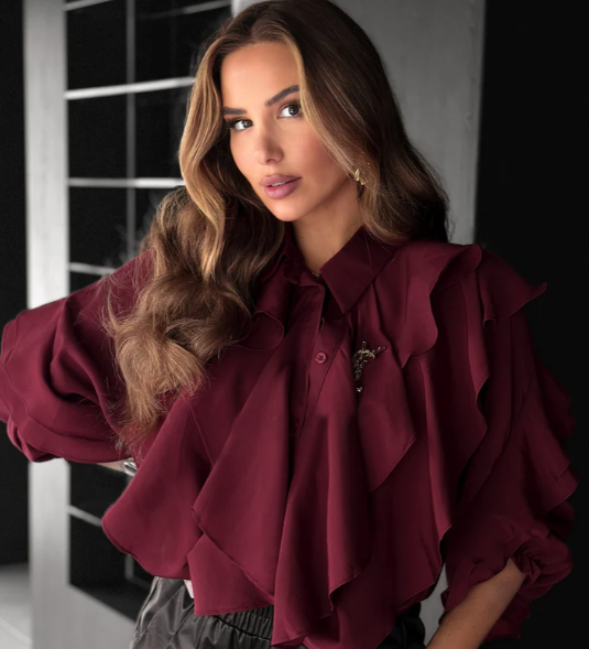 Ruffle Layered Shirt Blouse-Wine