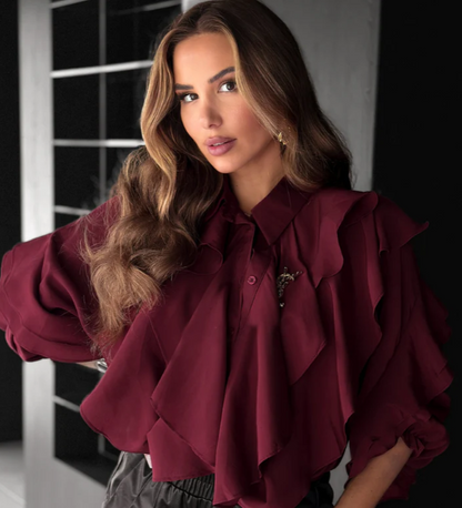 Ruffle Layered Shirt Blouse-Wine