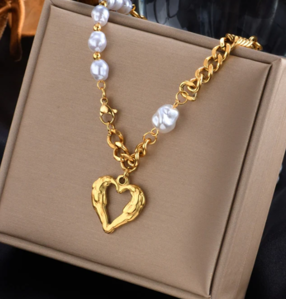 Fashion Simple Hollow Heart-shaped Titanium Steel Pearl Necklace