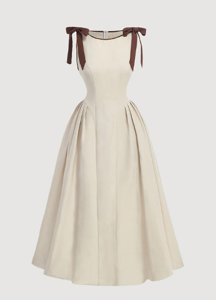 Vestido de mujer  elegante y casual de color liso con lazo y cuello redondo, vestido ceñido a la cintura