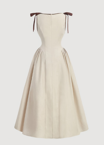 Vestido de mujer  elegante y casual de color liso con lazo y cuello redondo, vestido ceñido a la cintura