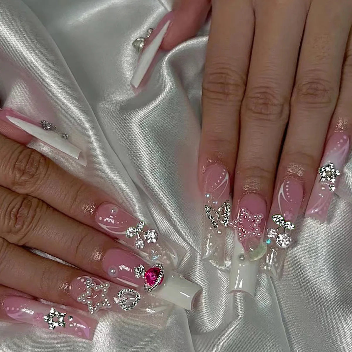 Square Head Ballerina French Pink False Nails With Glue Full Cover Fake Nails Press On Nail Long Acrylic Manicure