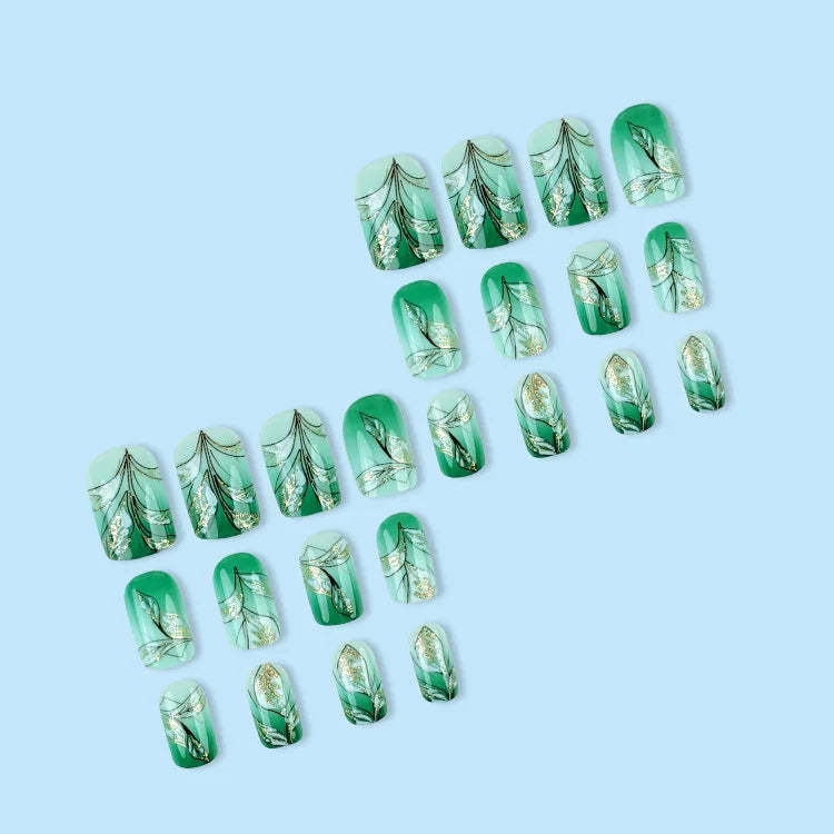 Short Square Press on Nails Jade Flower Sparkling Powder Designs Fake Nails with Glue Green Gradient Full Cover Nail Tips