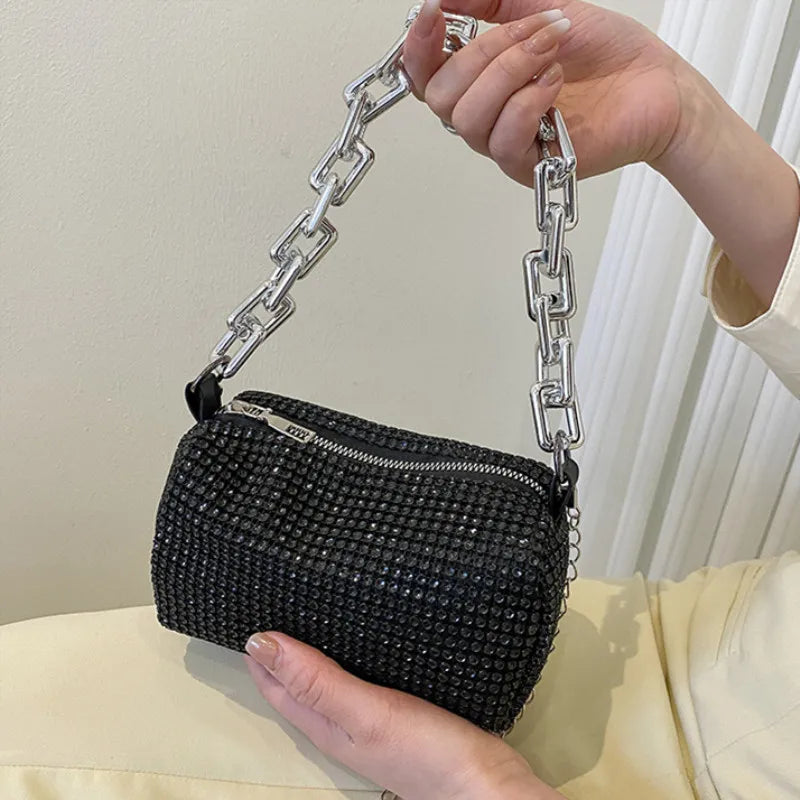 Small Allover Rhinestone Bucket Bag, Glitter Chain  Purse
