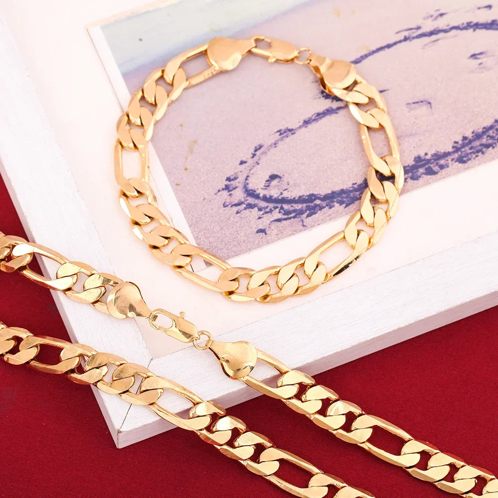Fine 925 Sterling Silver 18K Gold 6MM Geometry Bracelets Neckalce Set