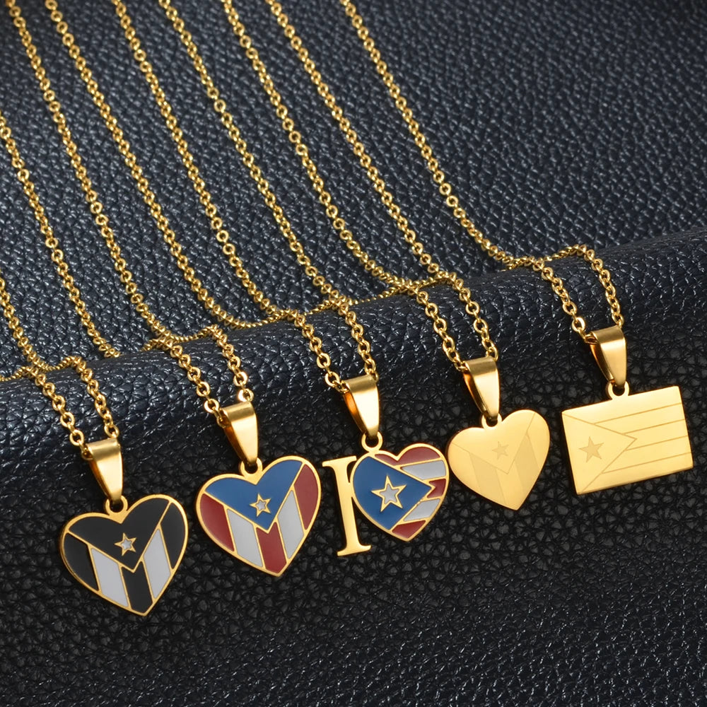 Heart Rectangle Puerto Rico Flag Pendant Necklaces