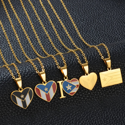Heart Rectangle Puerto Rico Flag Pendant Necklaces