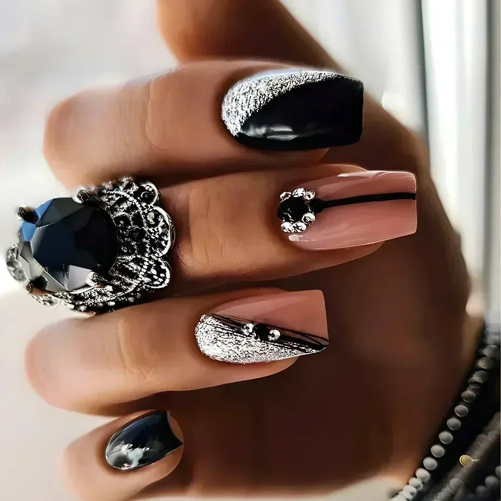 Solid Black Short False Nails with Rose Pattern Design Ballerina Square Artificial Full Cover Press on Nail Tips for Girls